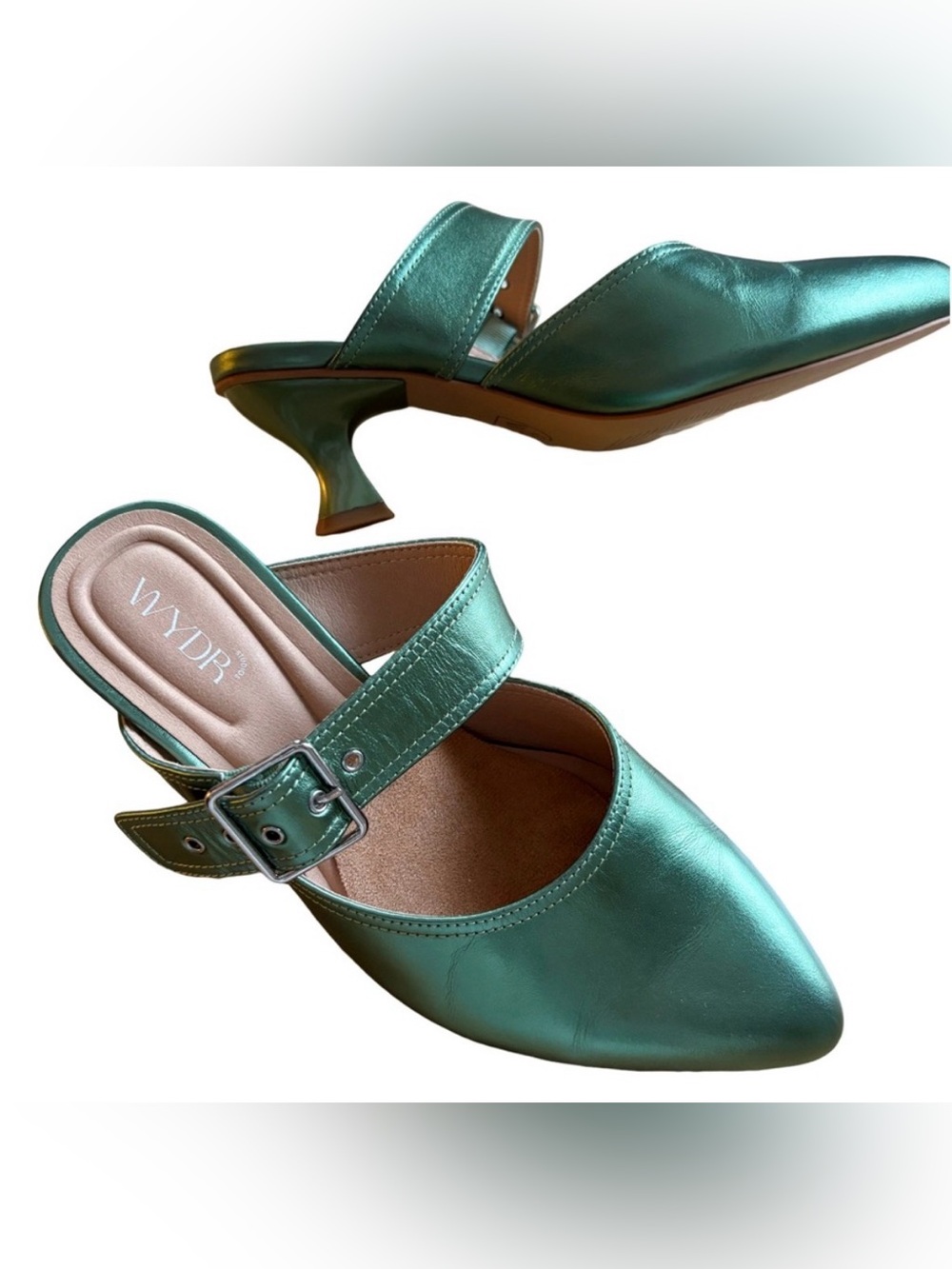 WYDR Studios Ingrid Pointy Toe Kitten Heels Metallic Green Size 7